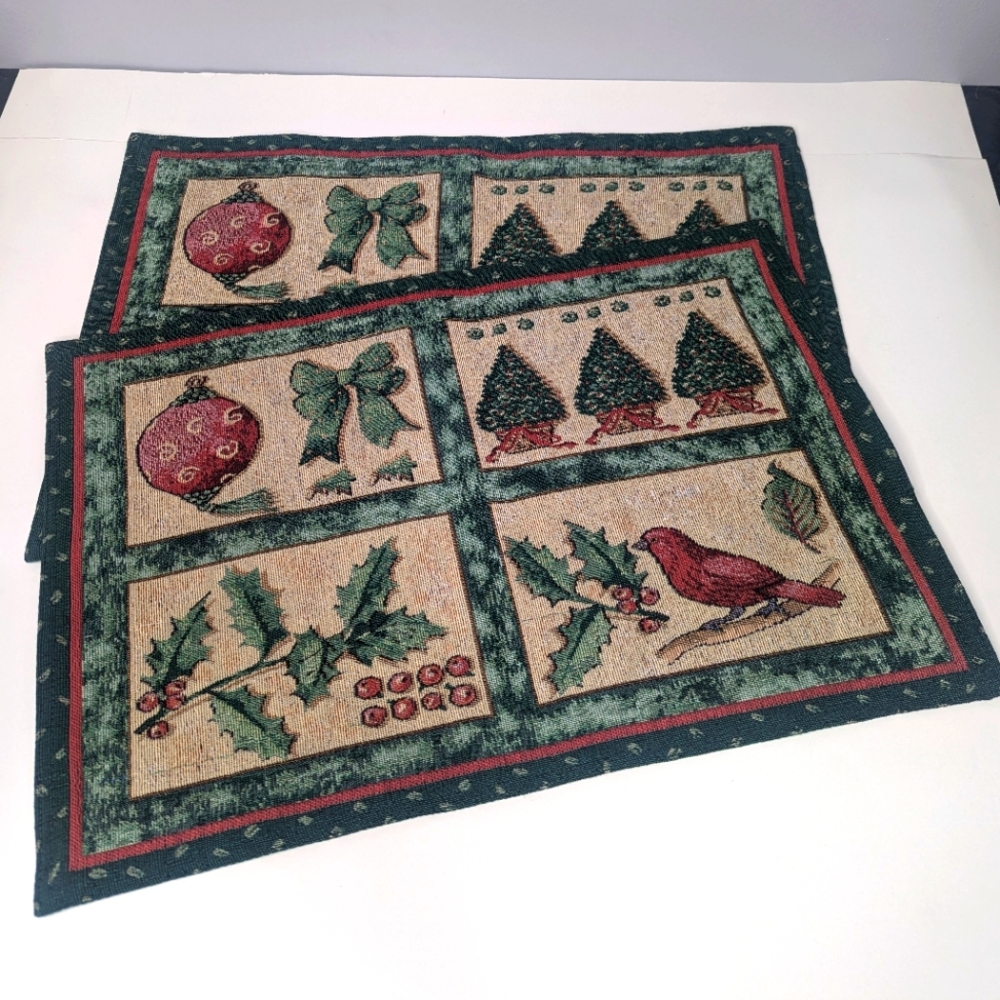 Festive Christmas Holiday Tapestry Placemats Ornaments/ Birds/ Trees Set of 2